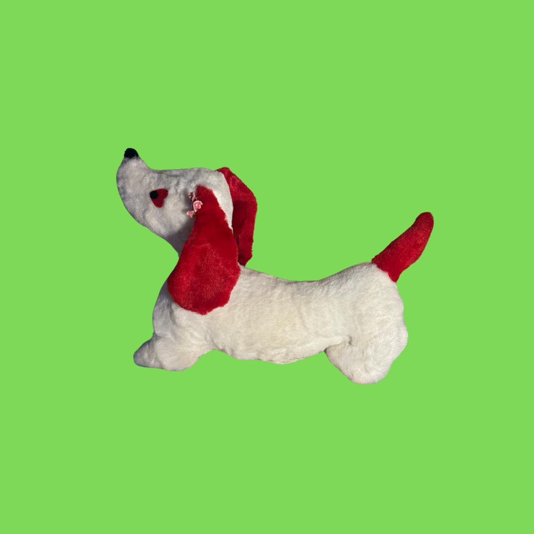 Vintage Mid Century Red & White Plush Dog