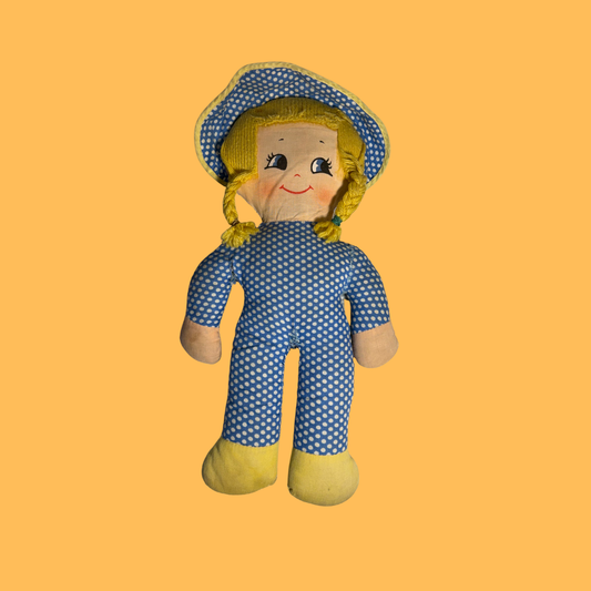 Vintage Cloth Doll in Blue Polka Dot Outfit & Hat