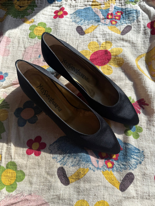 90’s Yves Saint Laurent Satin Black Pumps