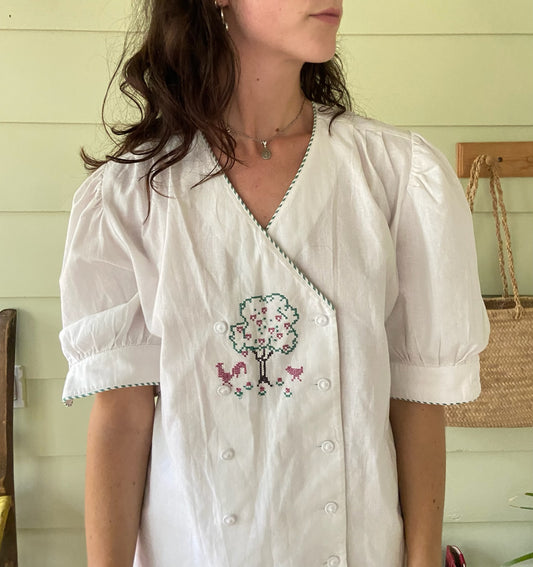 1980's Cross Stitch Puff Sleeve Blouse