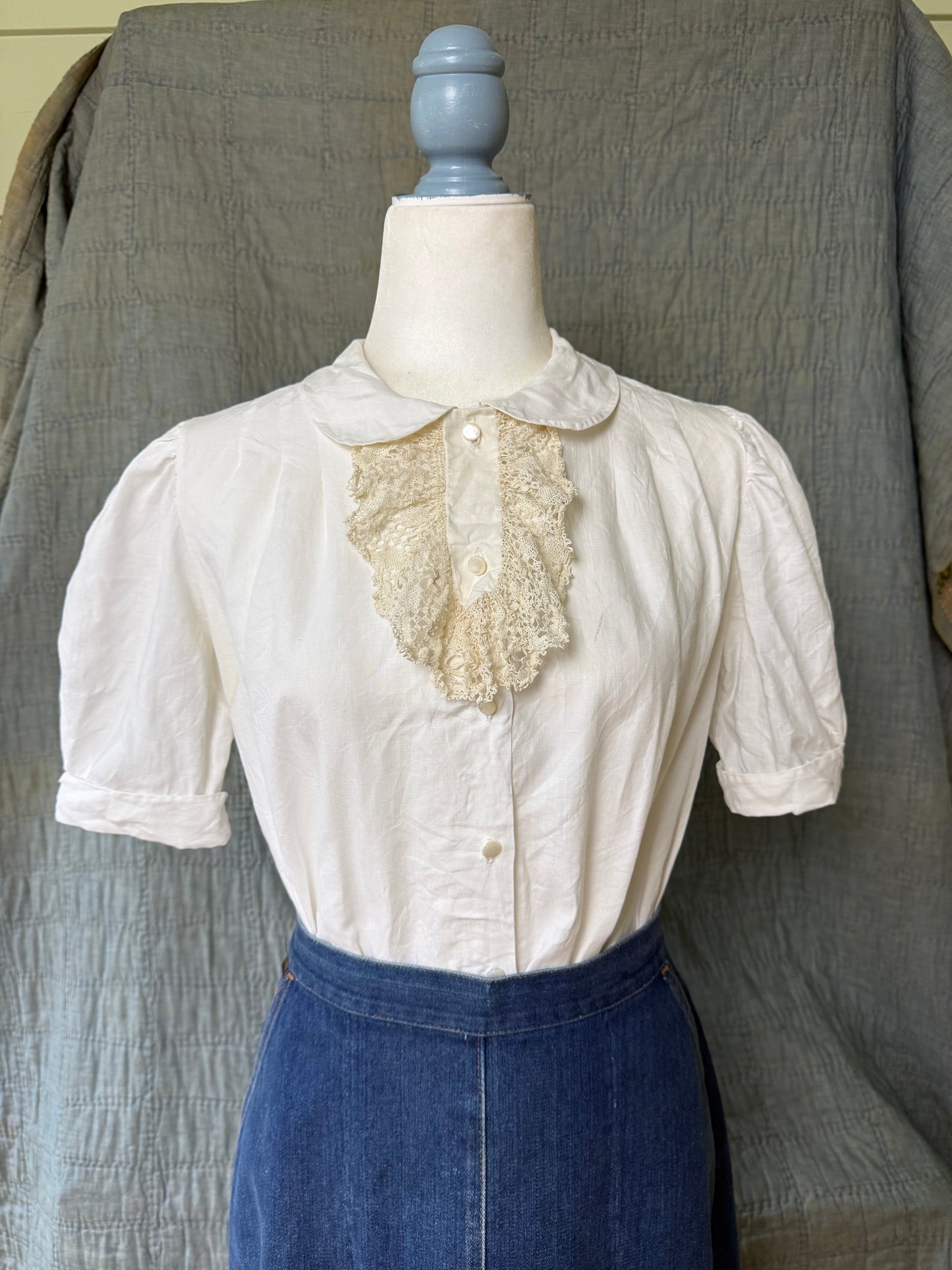 1940's Handmade Lace Button Up Linen Blouse
