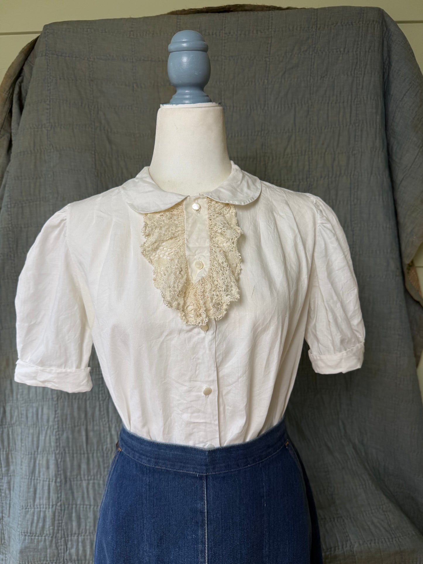 1940's Handmade Lace Button Up Linen Blouse
