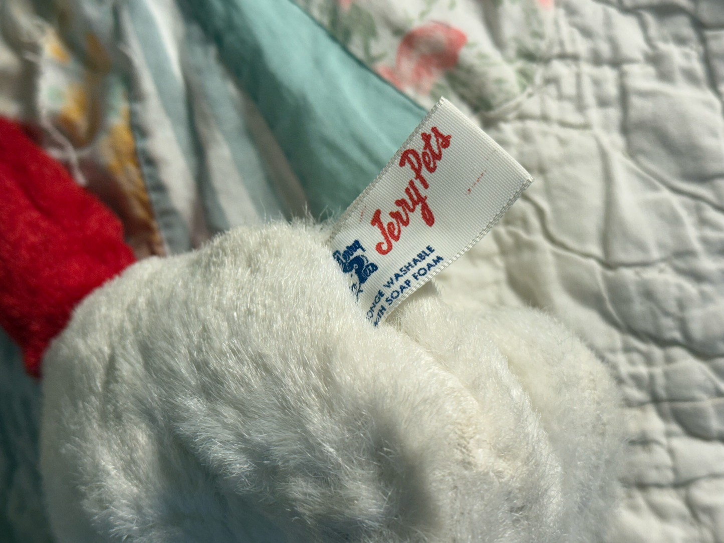 Vintage Mid Century Red & White Plush Dog