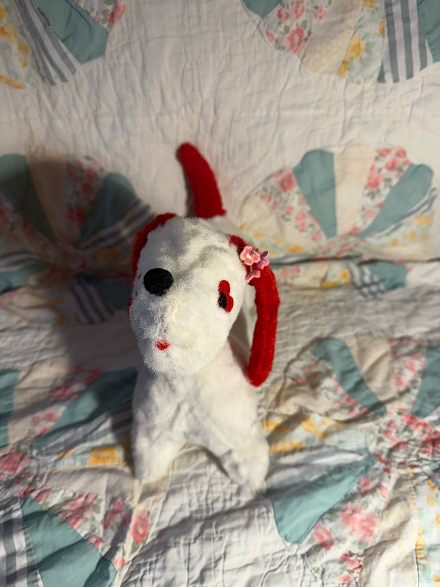 Vintage Mid Century Red & White Plush Dog