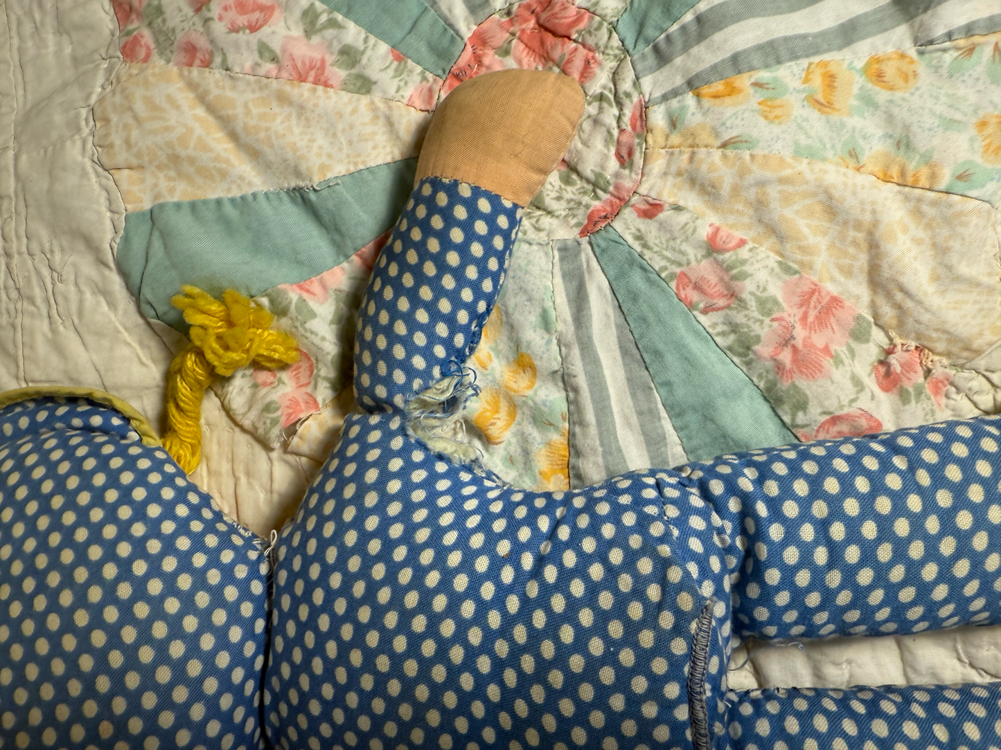 Vintage Cloth Doll in Blue Polka Dot Outfit & Hat