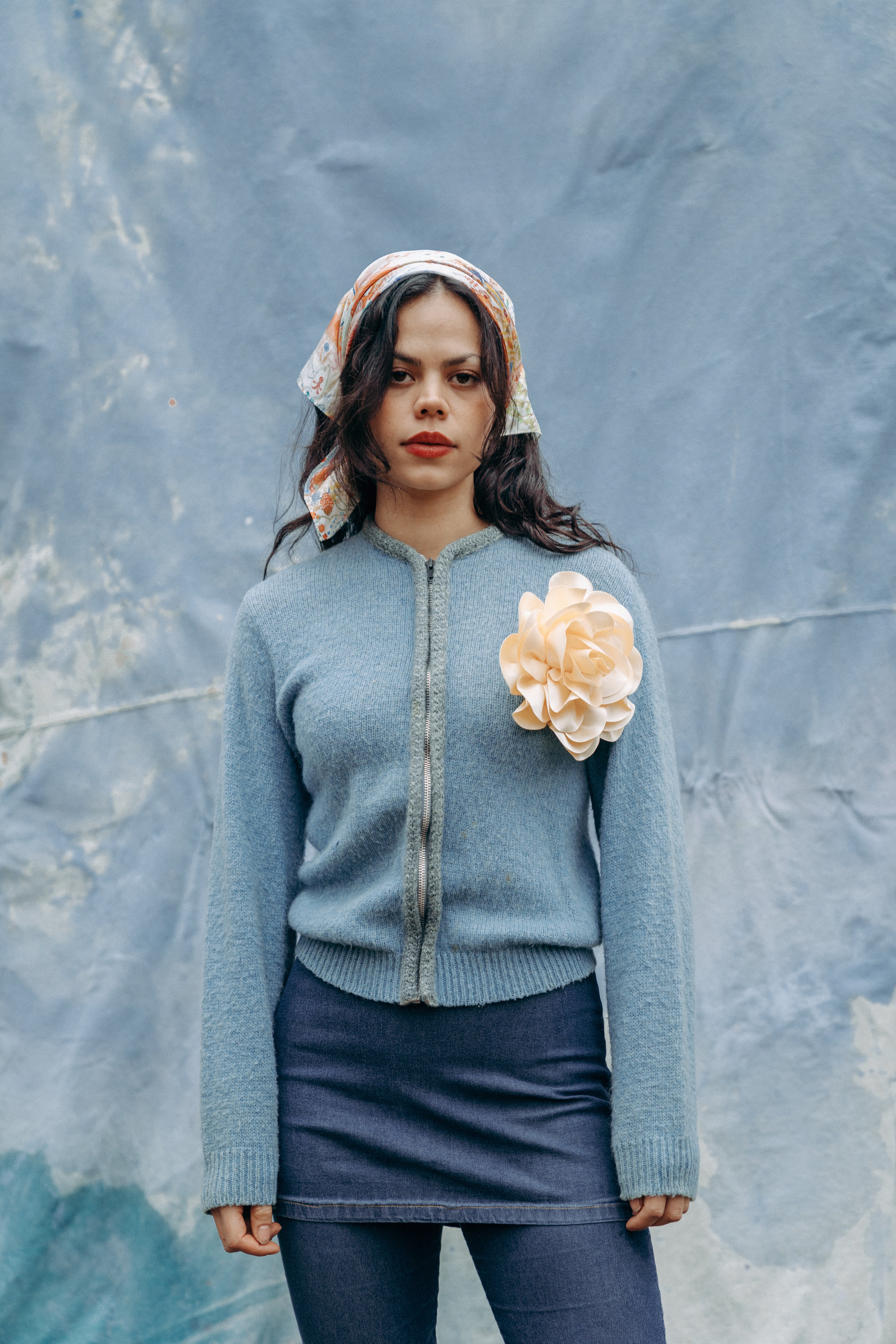 1960's Blue Wool Zip Sweater With Gray Trim