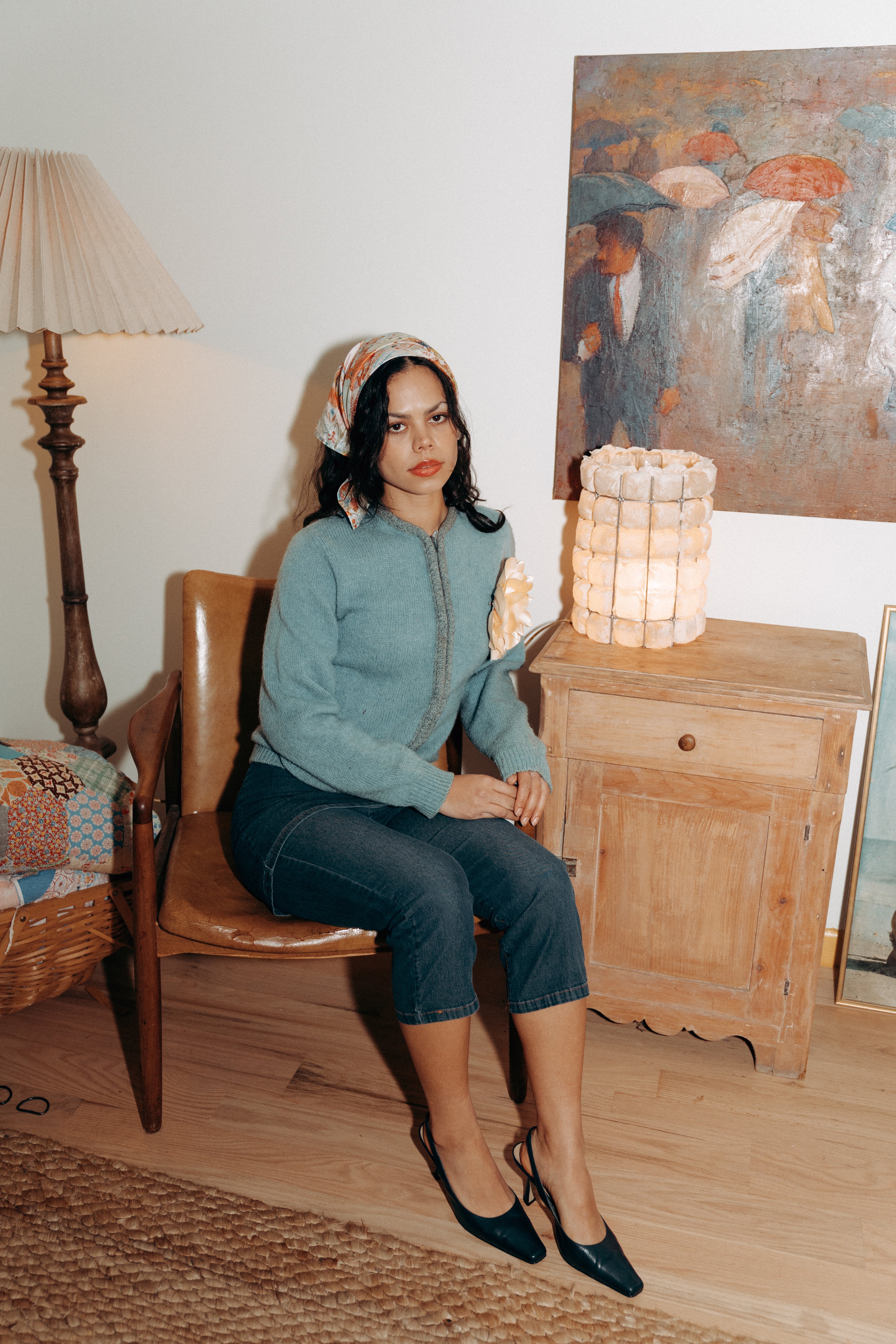 1960's Blue Wool Zip Sweater With Gray Trim