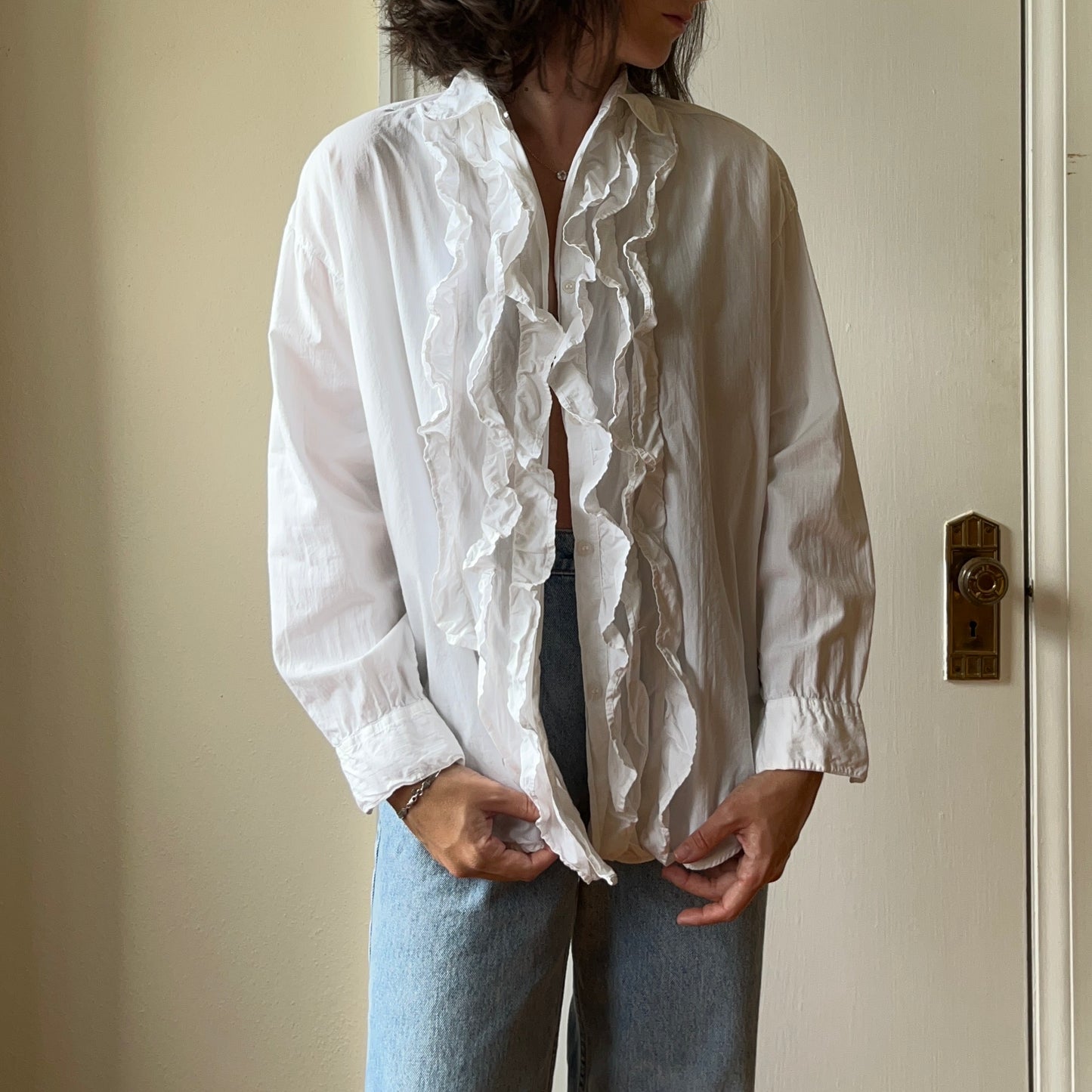 1990's White Ruffle Button Down