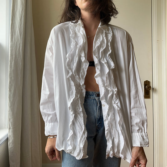 1990's White Ruffle Button Down